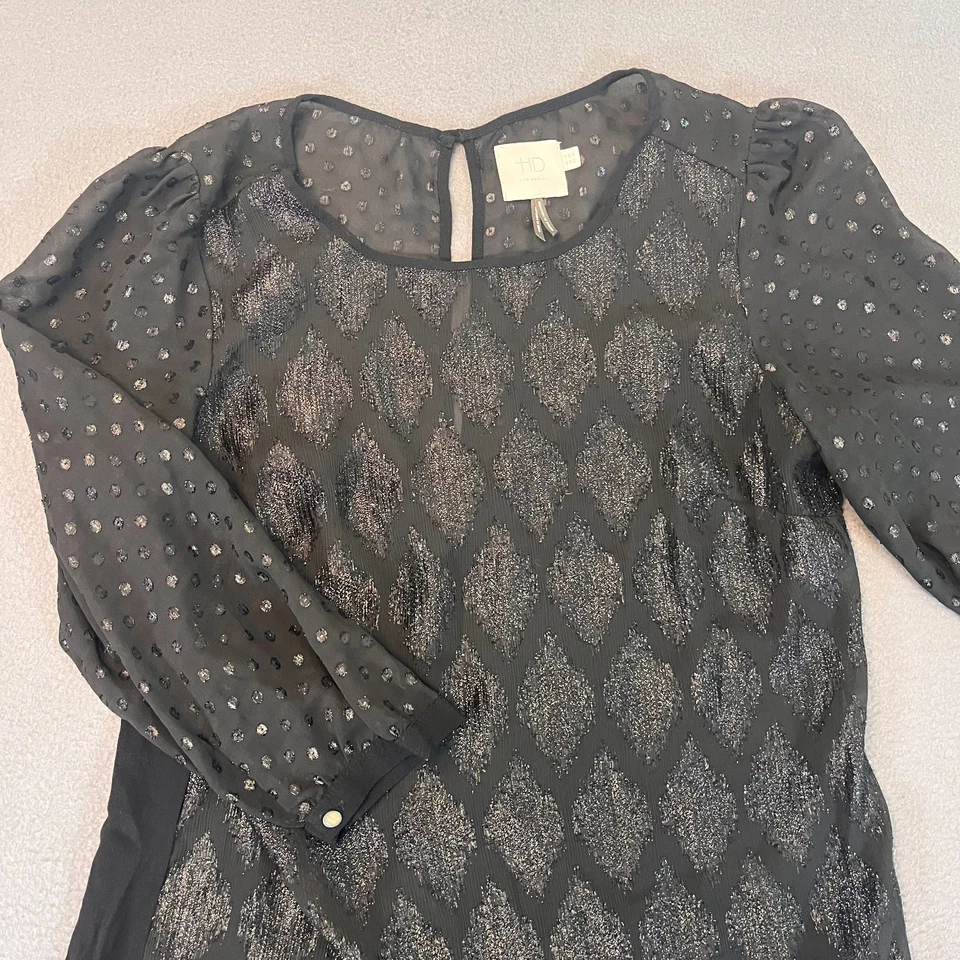 Anthropologie HD In Paris Women’s Black Lace Blouse Top Sz 08 Polka Dot Diamond - Image 2 of 4