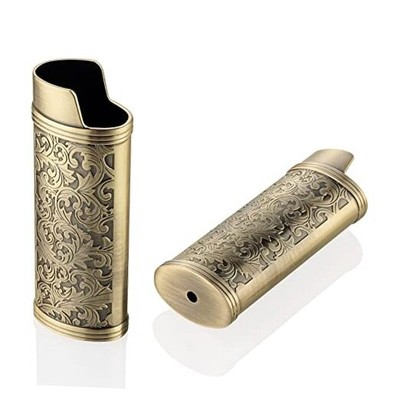 2pcs Lighter Case Cover Holder Metal Vintage Floral Stamped Fit for BIC Bronze