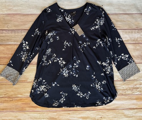 J.JILL Navy Blue Floral 3/4 Sleeve Tunic Top Sz M - Picture 5 of 6