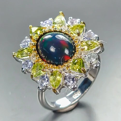 Antique ring Natural Black Opal Ring 925 Sterling Silver Size 7.75 /R463433