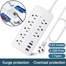 Wall Mountable USB Surge Protector Power Strip with 8 Outlet Plugs USB Ports NEW