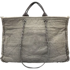 CHANEL Deauville Large Shopping A57180 Shoulder Bag Canvas Gray Silver #OK2263