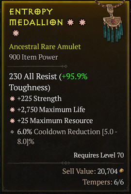   DIABLO 4 SEASON 13   3 GA Amulet   Ancestral Rare   Entropy Medallion