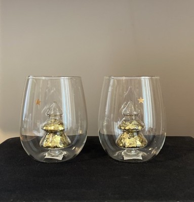 Anthropologie Yuletide 2  Stemless Wine Glass 3D Gold Glitter Christmas Tree