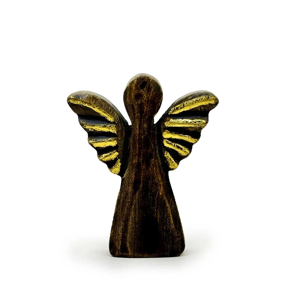 ANCIENT WISDOM ✨ Mango Wood Angel Gold Decor – Hand-Carved Wooden Figure