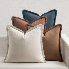Set of 4, 18x18 Inch, Fringe Modern Rustic Throw Pillows Beige/Brown/Blue