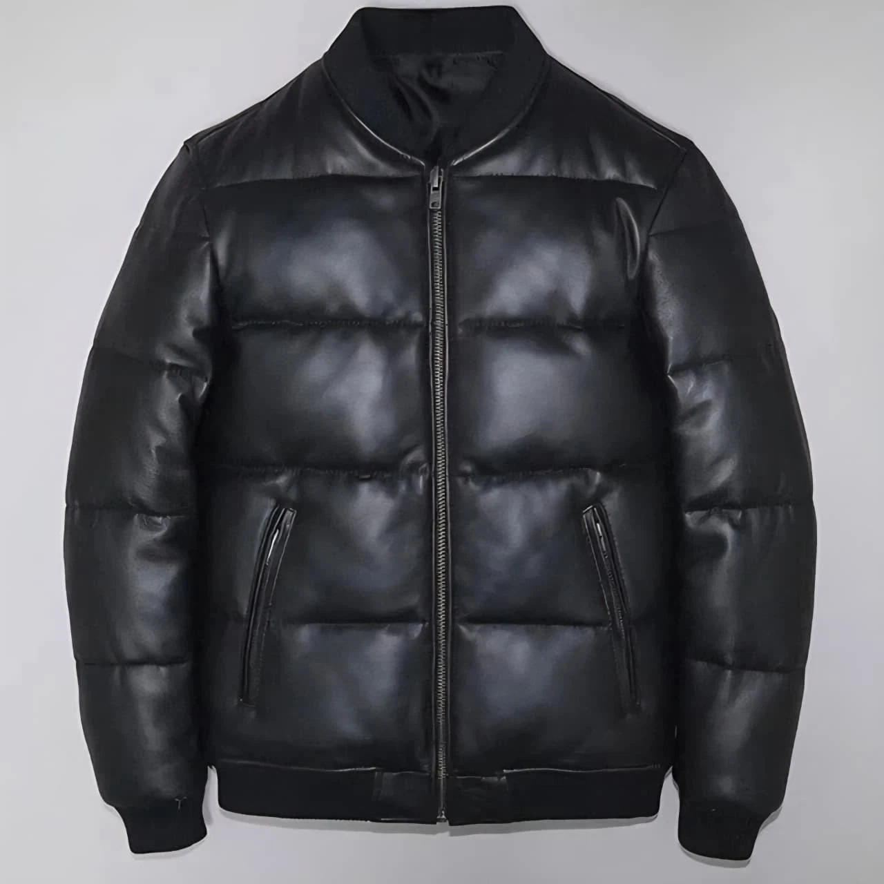 Men's Black Genuine Leather Puffer Jacket Real Lambskin Bomber Quilted Jacket