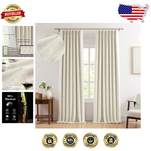 Elegant 95" Pinch Pleated Chenille Blackout Curtain Panels - Beige, Set of 2