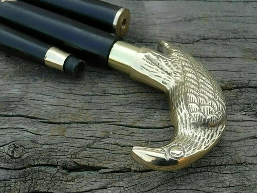 Antique Brass Raven Handle Designer Style Wooden Walking Stick Vintage Cane Gift - Picture 6 of 7