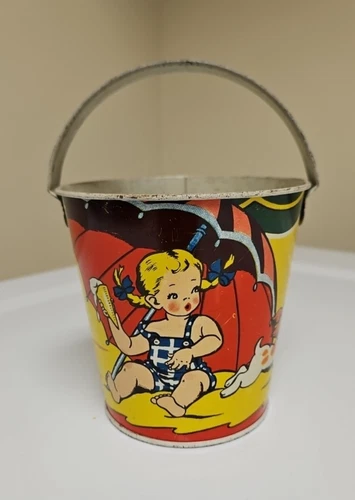 Ohio Art Tin Sand Pail Toddlers boy girl dog vintage metal bucket