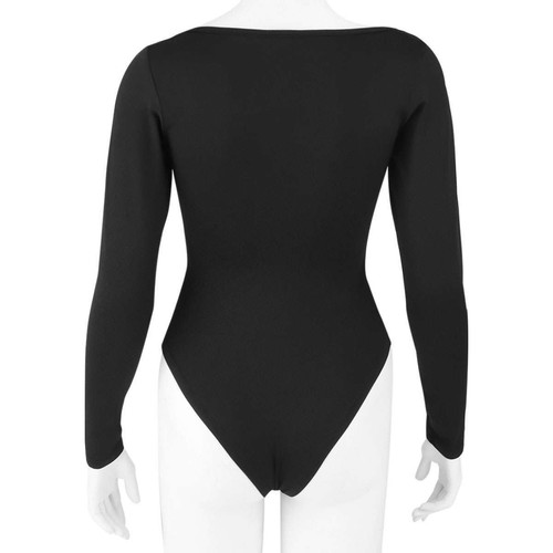 Women's Square Collar Long Sleeve Slim Bodysuit Leotards Thong Jumpsuit Bottom - Picture 5 of 12