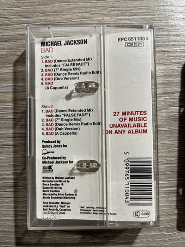 Michael Jackson - Bad - Maxi Cassette Single 27 minutes. 5 Mixes. Very Rare - Picture 2 of 7
