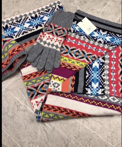 Gap Merino Wool Blend Winter Set Girls Hat Gloves Scarf FairIsle Pattern Nwt - Picture 8 of 15