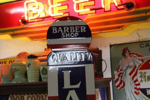 RARE BARBER SHOP LAUNDRY PORCELAIN METAL SIGN RED WHITE BLUE HAIRCUT POLE MARVY - Picture 3 of 19
