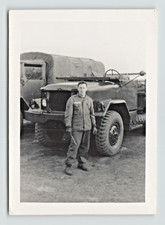 Photo 3x4 B W Military Soldier With Tool Standing in Front of Army Truck
