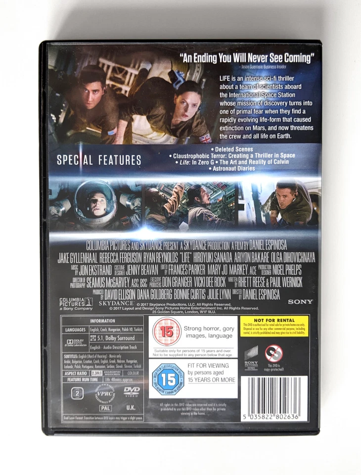 Life DVD (2017) region 2 PAL Jake Gyllenhaal Rebecca Ferguson Ryan Reynolds - Image 2 of 4