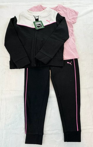 PUMA Girl's Fleece 3-Piece Set Sweatsuit Jacket joggers Black Pink size 5 NWT - Picture 2 of 13