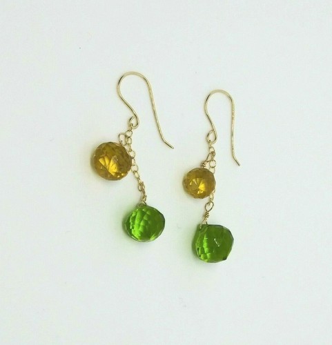 14k Yellow Gold Citrine and Peridot Briolette Cluster Dangle Earrings - Picture 4 of 6