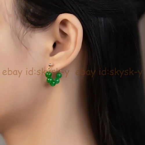 6mm Natural Green Jade Round Gemstone Beads Dangle Stud Earrings - Picture 5 of 5