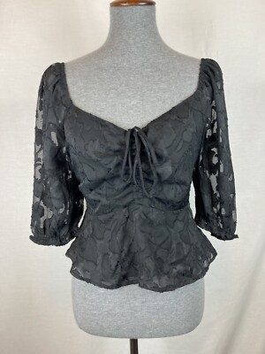 NWT Francesca's Mi Ami Size XL Blouse Solid Black Floral Square Neck Puff Sleeve
