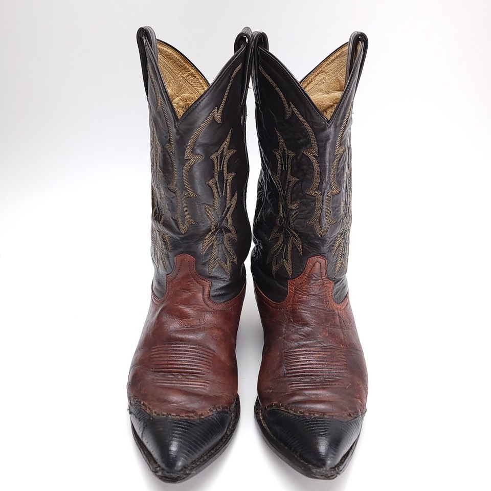 TONY LAMA Men's 11.5 EE Wing Tip Lizard Leather Cowboy Boot Black Brown
