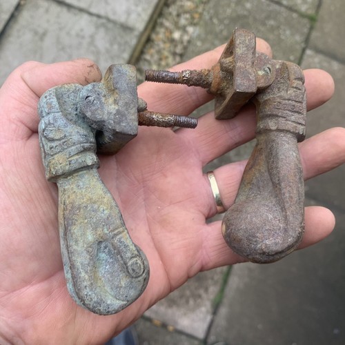 2 Antique Solid Brass Door Knocker Ladies Hand Holding Ball Patina Salvage - Picture 2 of 12