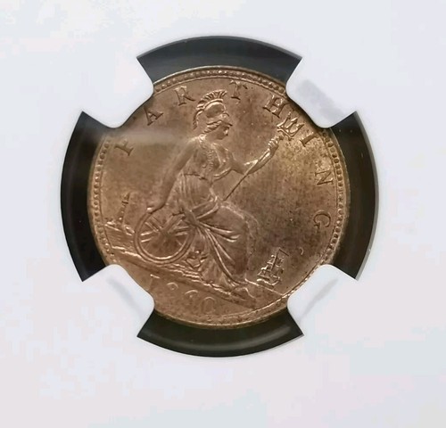 1860 Beaded Borders, 1882 H & 1890 Great Britain Bun Victoria Farthing NGC MS 64 - Picture 6 of 14