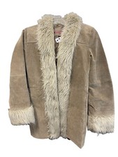 Jennyfer J Women’s Shaggy Fur Trim Brown Suede Leather Jacket Vintage Y2k Coat