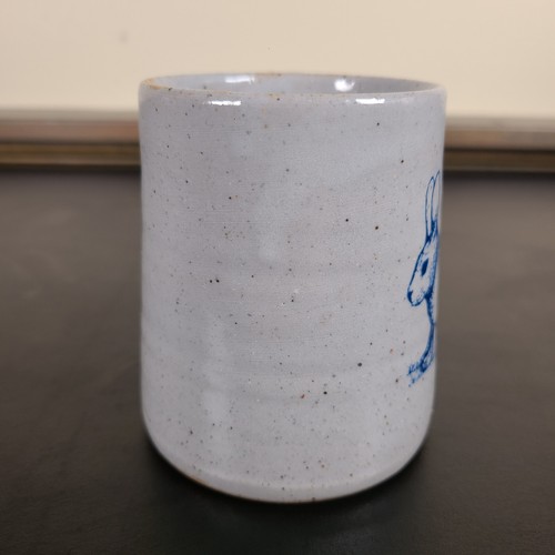 VTG 1989 BASTINE Handmade Pottery Mug - Signed - Speckled Stoneware Blue Rabbit - Picture 8 of 8