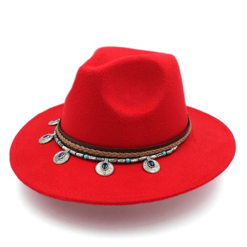 Fashion Unisex Wide Brim Panama Fedora Hat Top Hat Jazz Turquoise Leather Belt - Picture 29 of 31