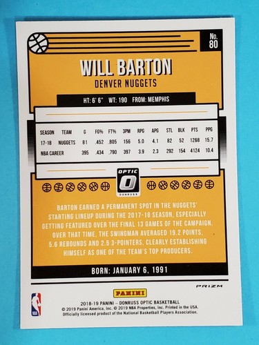 2018-19 Panini Donruss Optic Hyper Pink Will Barton Denver Nuggets #80 - Imagen 2 de 2