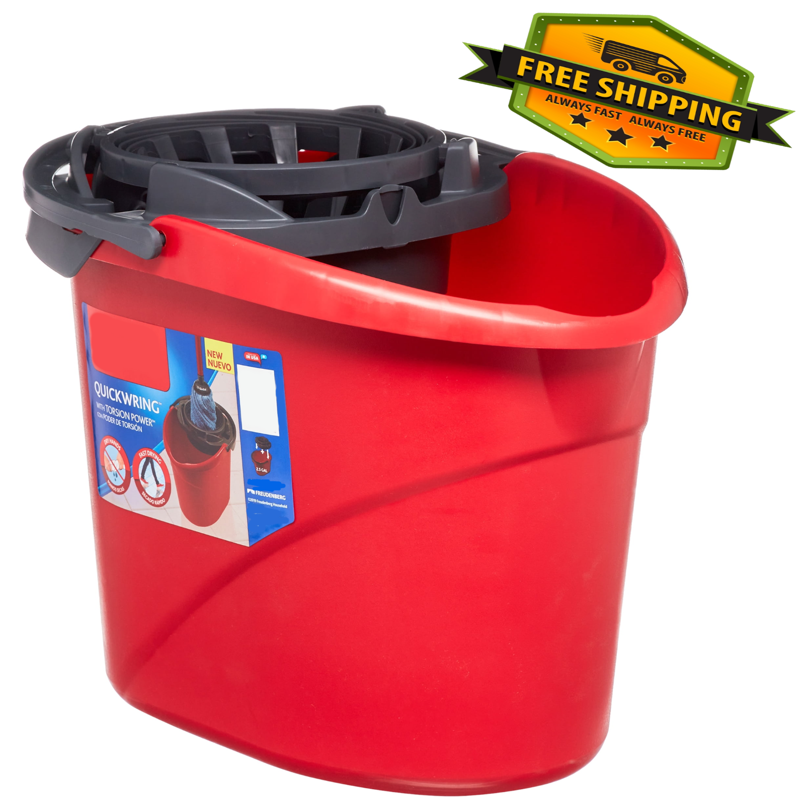 O-Cedar QuickWring Bucket, 2.5 Gallon Mop Bucket with Wringer, Red