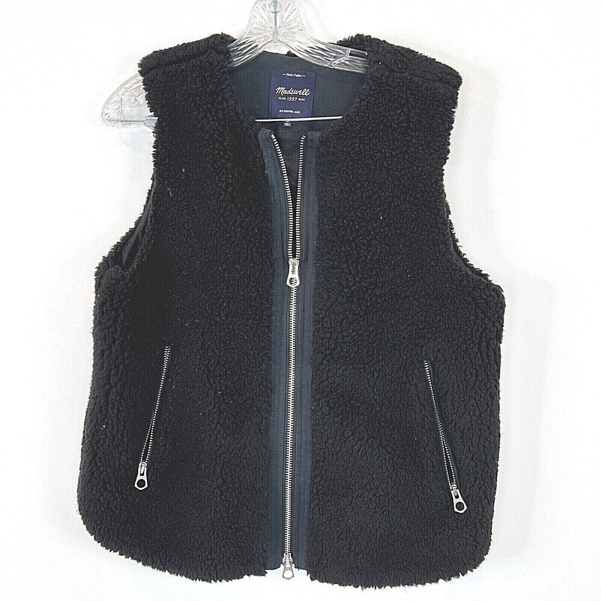 Madewell Womens Medium Black Sherpa Faux Fur Zipper Vest #B2277