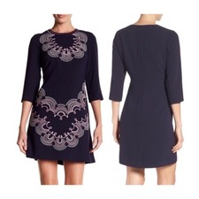 new Eliza J XS 2 Paisley Embroidered Dress Navy Blue 3/4 sleeve Cocktail Work