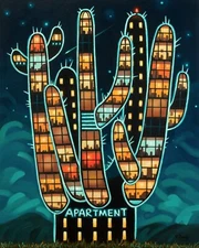 Cactus apartment, Original fantasy artwork oil painting, 16''x20"
