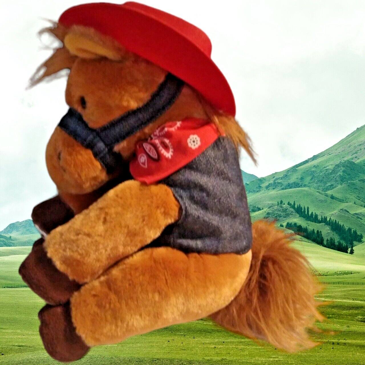 Cappello da cowboy Aurora Western Pony Horse rosso blu denim gilet bandana rossa 8" peluche