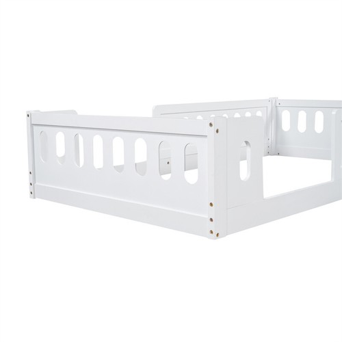 Wood Twin Size Floor Bed Frame with Guardrail for Kids Bedroom Playroom-White - Picture 3 of 16
