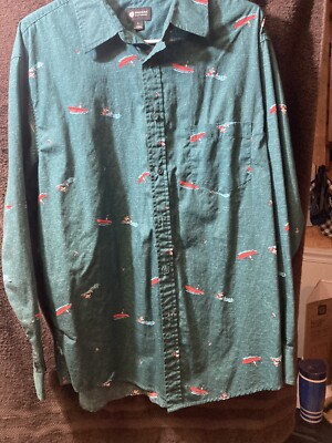 Haggar Men s LG Button Down LS Shirt Xmas Water Ski Santa/Sharks 100% Cotton