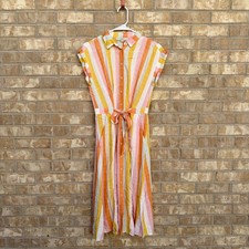 LOFT Striped Belted Midi Dress Size 2  Orange Pink Yellow Button Front Tie Waist