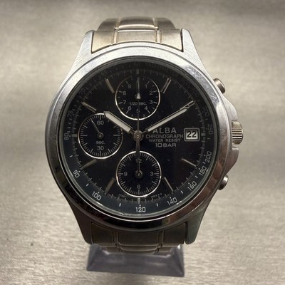 Seiko Alba Chronograph Watch Men 36mm Black Dial Steel Date 7T92-0EK0 New Batt