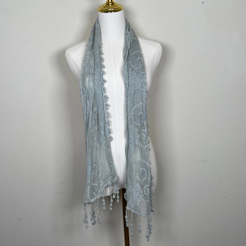 Vintage Sheer Lace Skinny Scarf Embroidered Floral Tassel Light Blue Y2K Fairy - Image 3 of 4