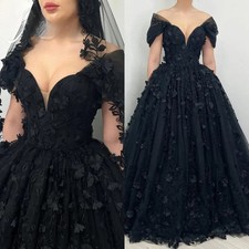 Black A-Line Tulle Sweetheart Off-the-shoulder Halter Bridal Dress 3D Appliques