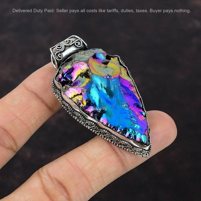 Titanium Druzy Pendant Gemstone 925 Sterling Silver Vintage Handmade Boho Pendan