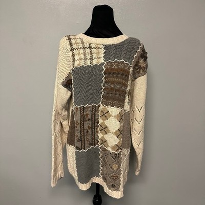 Vintage Jenny Buchanan Patchwork Crew Neck Sweater Dress Medium Beige Brown