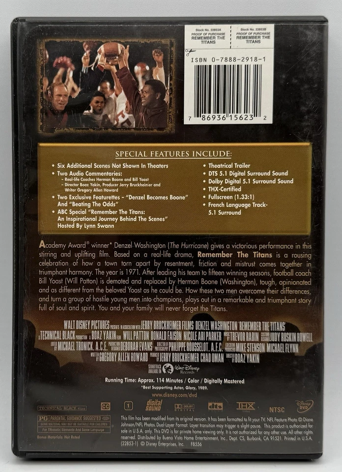Remember The Titans DVD Fullscreen Denzel Washington Will Patton Donald Faison - Image 2 of 3