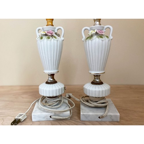 Set of 2 French Cottage Floral Ceramic Lamps w Marble Bases - Picture 4 of 9