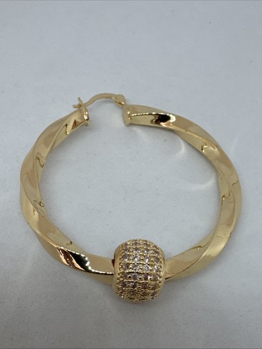 9ct Yellow Gold Guilded Chunky 50 mm Twist Hoop Earrings With Crystal Balls - Picture 4 of 10