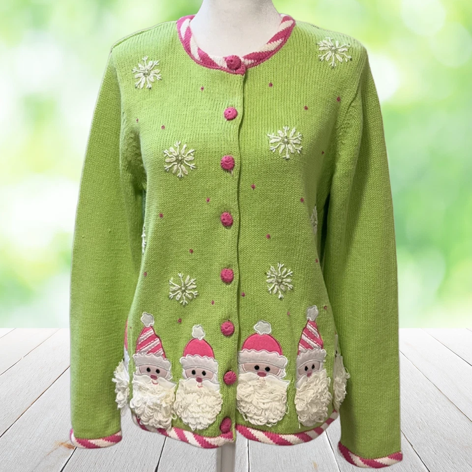 Suéter de Navidad Vintage HEIRLOOM COLLECTIBLES para Mujer S Rosa Papá Noel Bordado Foto 3 de 4