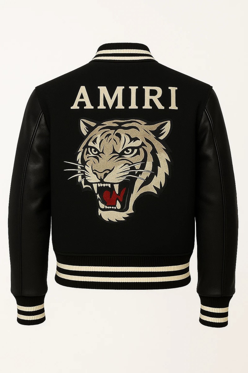 amiri アミリ スタジャン レザー 切り替え 虎刺繍 AMIRI Varsity Jacket – Tiger Embroidery, Black Wool & Leather