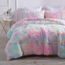 Faux Fur Plush Rainbow Comforter Set Fluffy Fuzzy Shaggy Bedding Set - 3PC Full